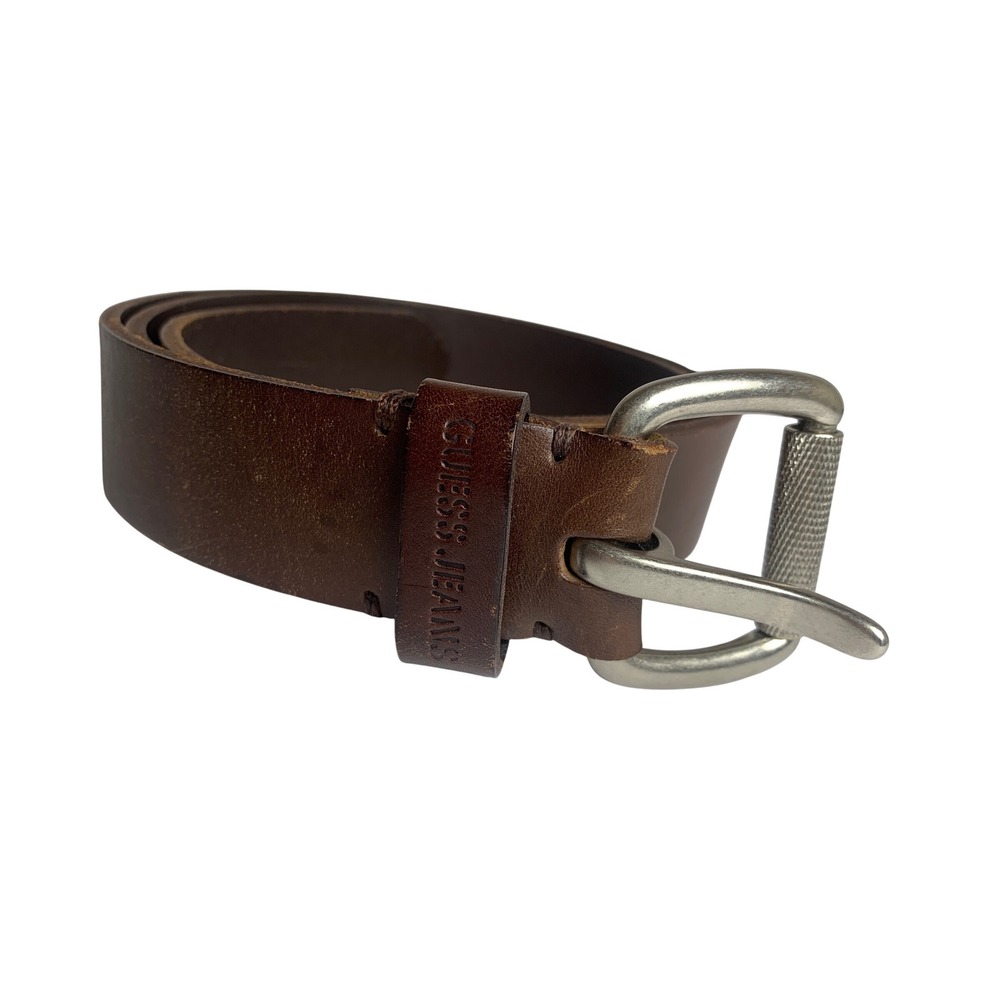 Guess Jeans Mens Brown Italian Full Grain Leather Belt Silver Buckle 38 35052